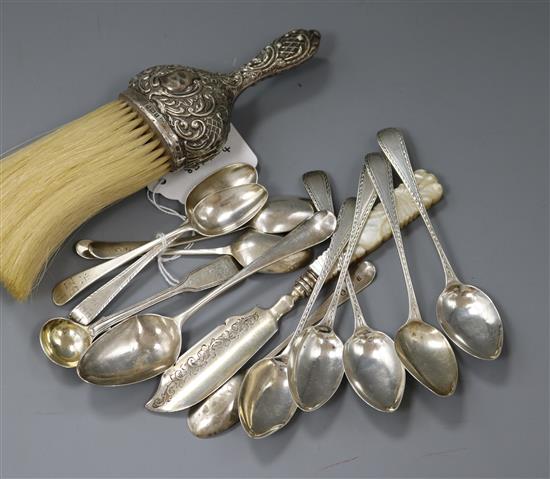A group of assorted small silver flatware including four spoons by Hester Bateman and a silver mounted brush.